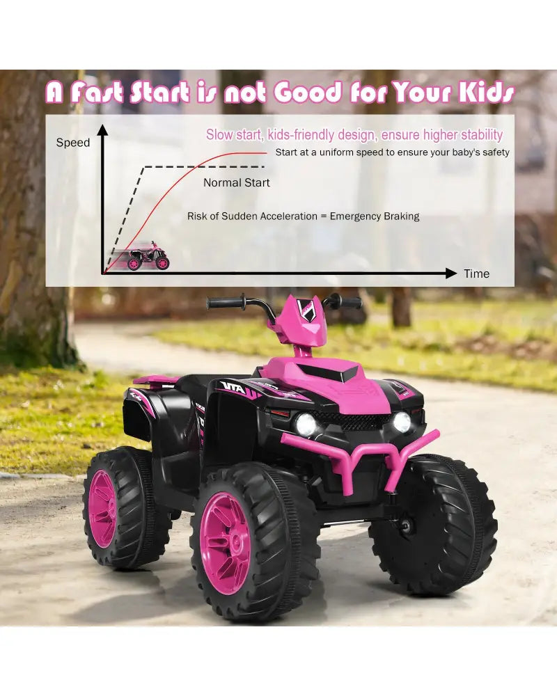 12V Kids Ride on ATV with LED Lights and Treaded Tires and LED lights-Pink - Pink - Powered Ride On Toys