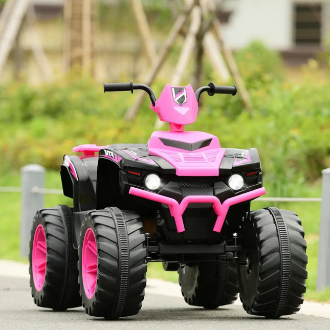Pink and black toy ATV on a paved surface with a blurred natural background