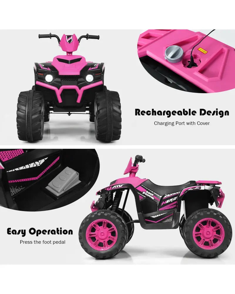 12V Kids Ride on ATV with LED Lights and Treaded Tires and LED lights-Pink - Pink - Powered Ride On Toys