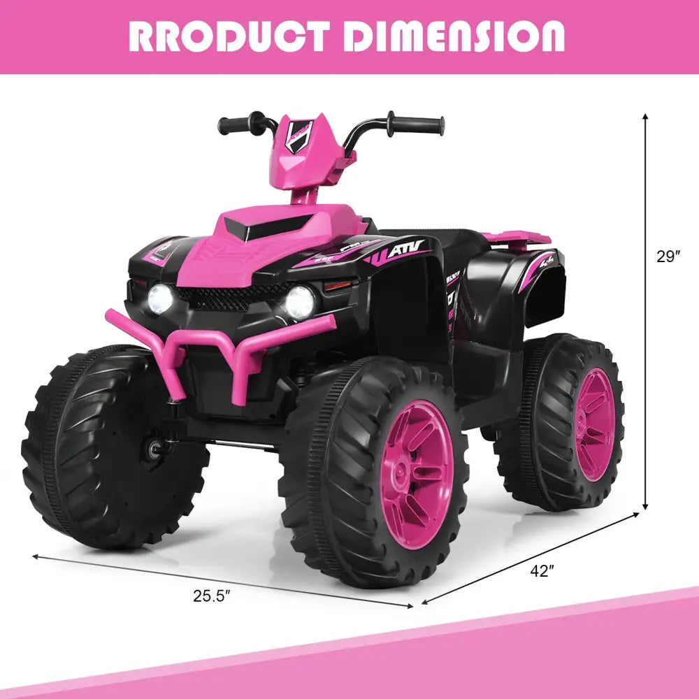 Pink and black toy ATV with dimensions on a pink background