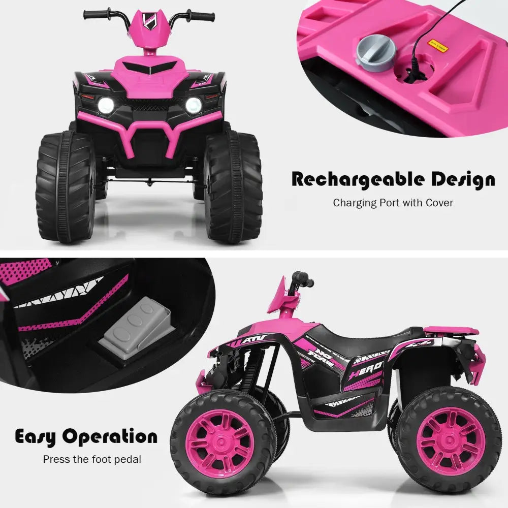 12V Kids Ride on ATV with LED Lights and Treaded Tires and LED lights-Pink - Pink - Powered Ride On Toys