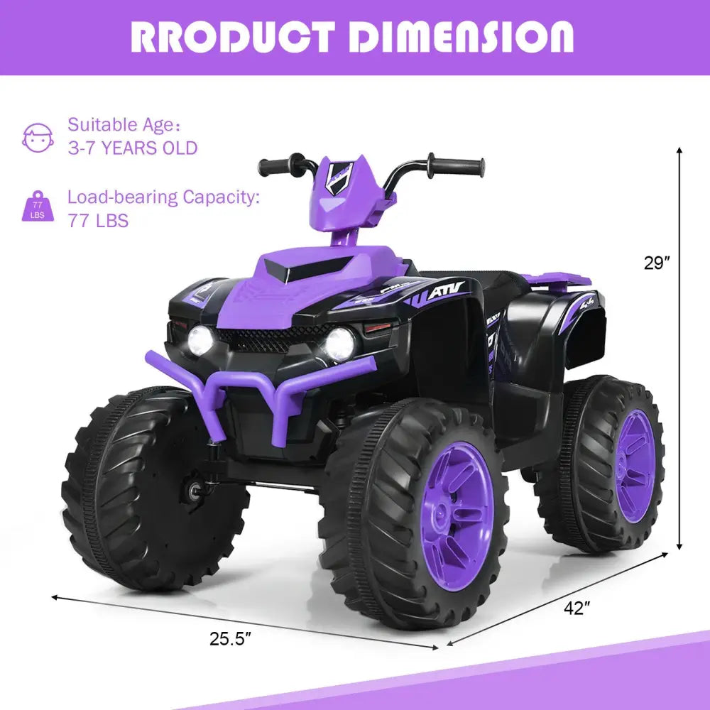 12V Kids Ride on ATV with LED Lights and Treaded Tires and LED lights-Purple - Purple - Powered Ride On Toys