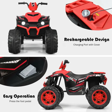 12V Kids Ride on ATV with LED Lights and Treaded Tires and LED lights - Red - Oasis Home Essentials