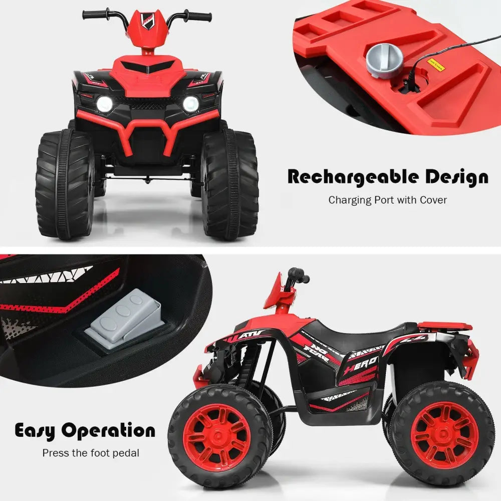 12V Kids Ride on ATV with LED Lights and Treaded Tires and LED lights - Red - Oasis Home Essentials