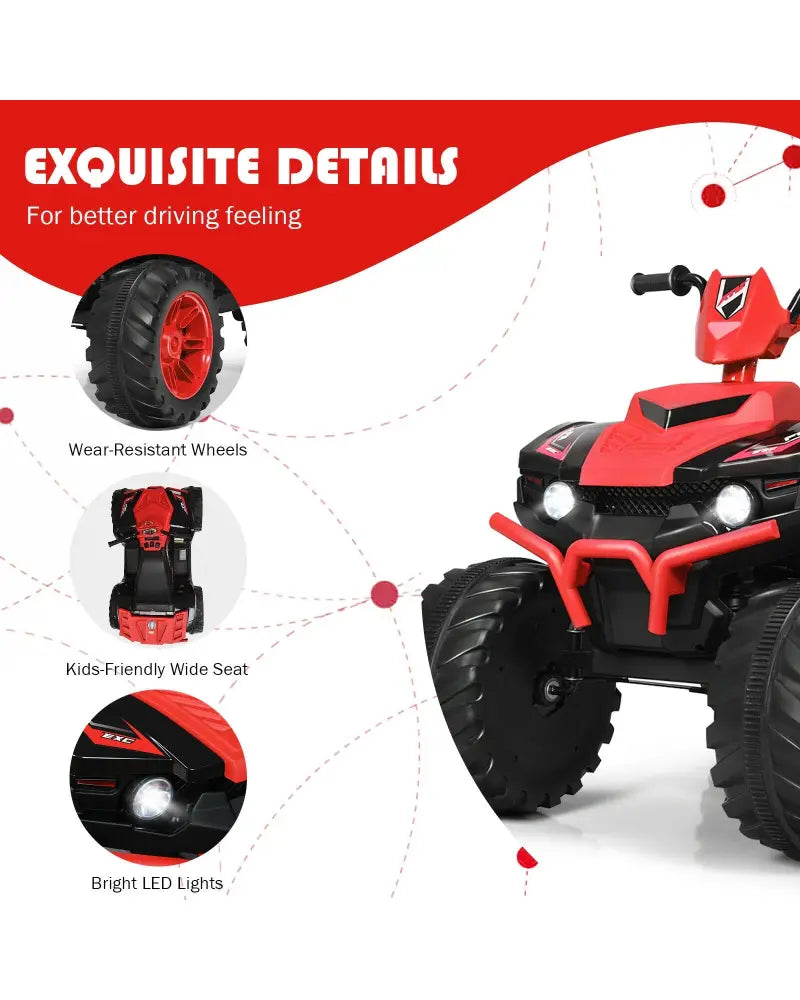 12V Kids Ride on ATV with LED Lights and Treaded Tires and LED lights-Red - Red - Powered Ride On Toys