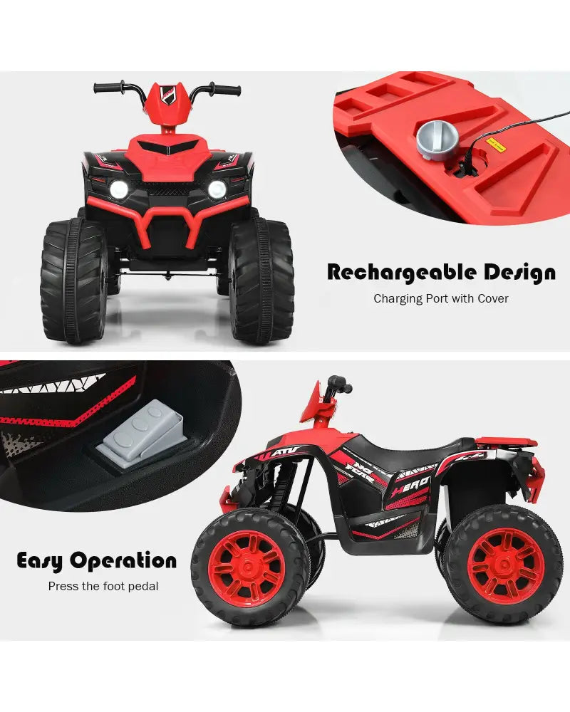 12V Kids Ride on ATV with LED Lights and Treaded Tires and LED lights-Red - Red - Powered Ride On Toys