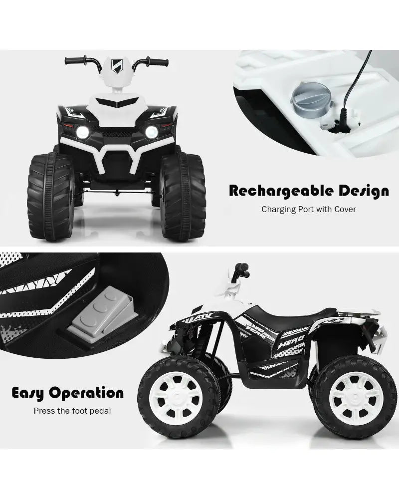 12V Kids Ride on ATV with LED Lights and Treaded Tires and LED lights-White - White - Powered Ride On Toys