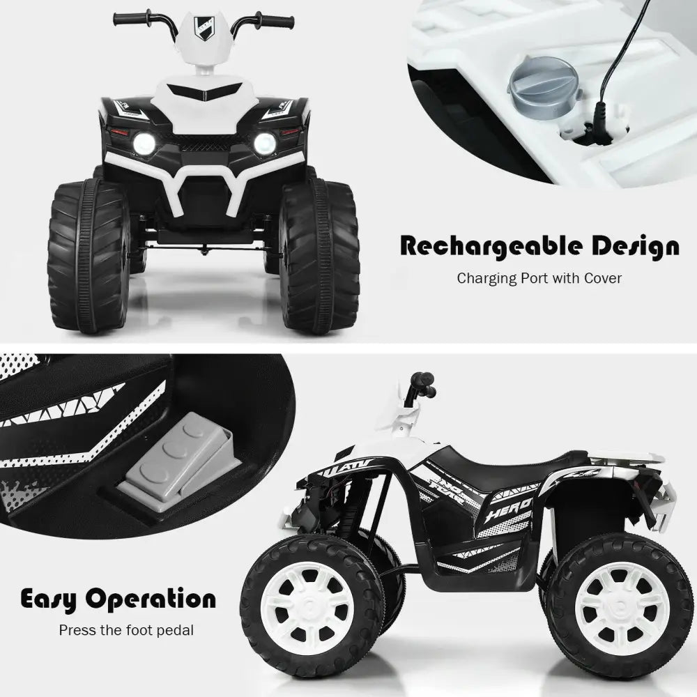 12V Kids Ride on ATV with LED Lights and Treaded Tires and LED lights-White - White - Powered Ride On Toys