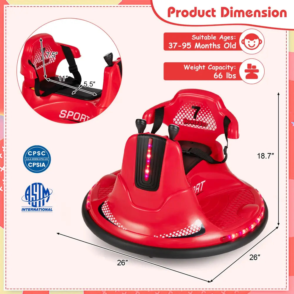 12V Kids Ride On Bumper Car with Remote Control Lights and Music-Red - Red - Powered Ride On Toys