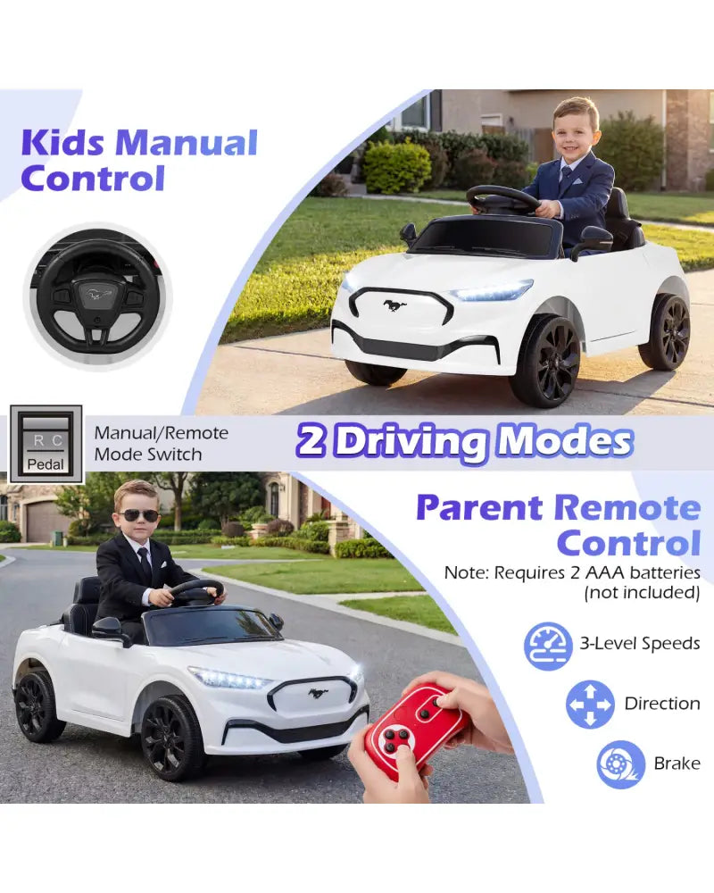 12V Kids Ride on Car Licensed Ford Mach E with Parent Control and Horn-White - White - Powered Ride On Toys