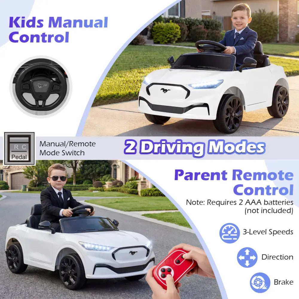 12V Kids Ride on Car Licensed Ford Mach E with Parent Control and Horn-White - White - Powered Ride On Toys