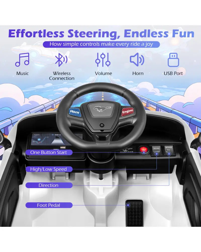12V Kids Ride on Car Licensed Ford Mach E with Parent Control and Horn-White - White - Powered Ride On Toys