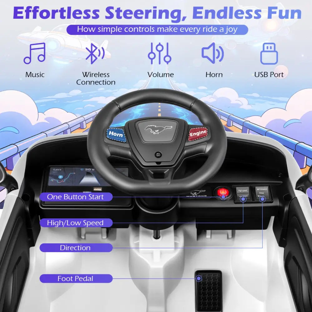 12V Kids Ride on Car Licensed Ford Mach E with Parent Control and Horn-White - White - Powered Ride On Toys