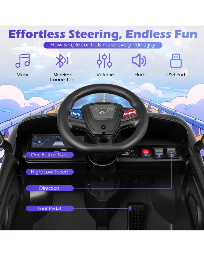 12V Kids Ride on Car Licensed Ford Mach E with Parent Control and Horn-Black - Black - Powered Ride On Toys