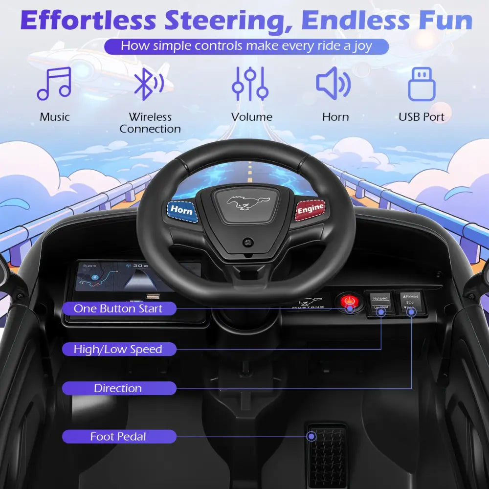 12V Kids Ride on Car Licensed Ford Mach E with Parent Control and Horn-Black - Black - Powered Ride On Toys