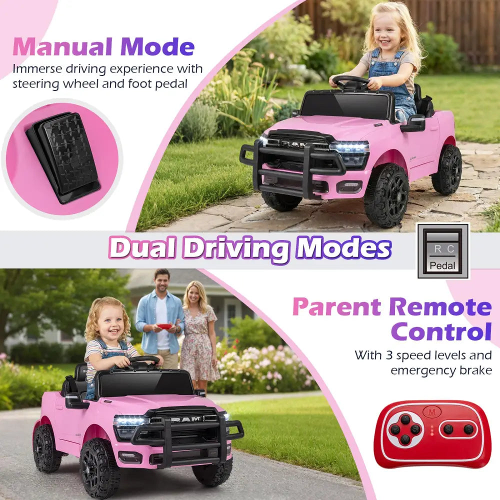 12V Kids Ride On Car Licensed RAM 3500 Electric Vehicle with Remote Control-Pink - Pink - Powered Ride On Toys