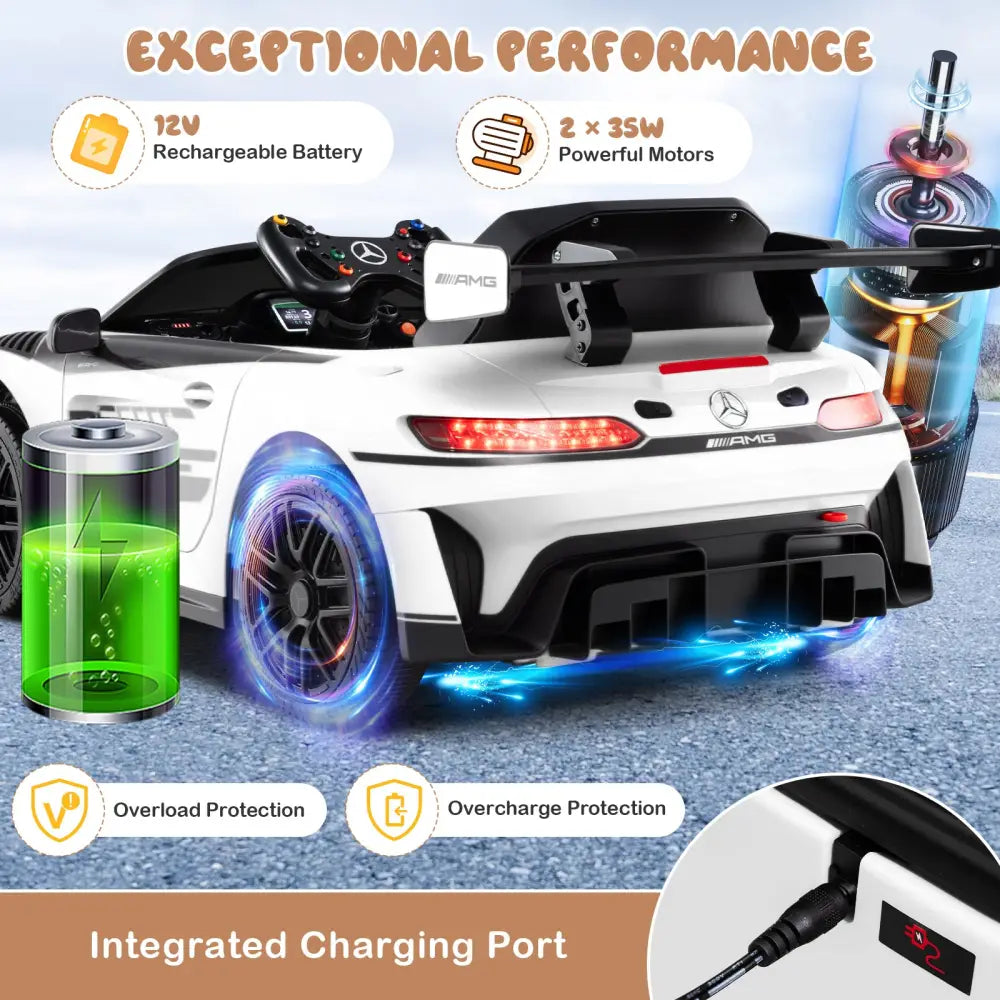 12V Kids Ride-On Car Mercedes-AMG GT3 Licensed with Adjustable Speed-White - White - Powered Ride On Toys