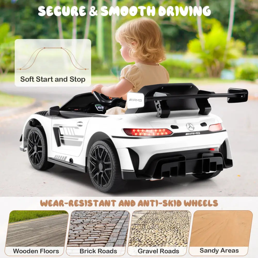 12V Kids Ride-On Car Mercedes-AMG GT3 Licensed with Adjustable Speed-White - White - Powered Ride On Toys