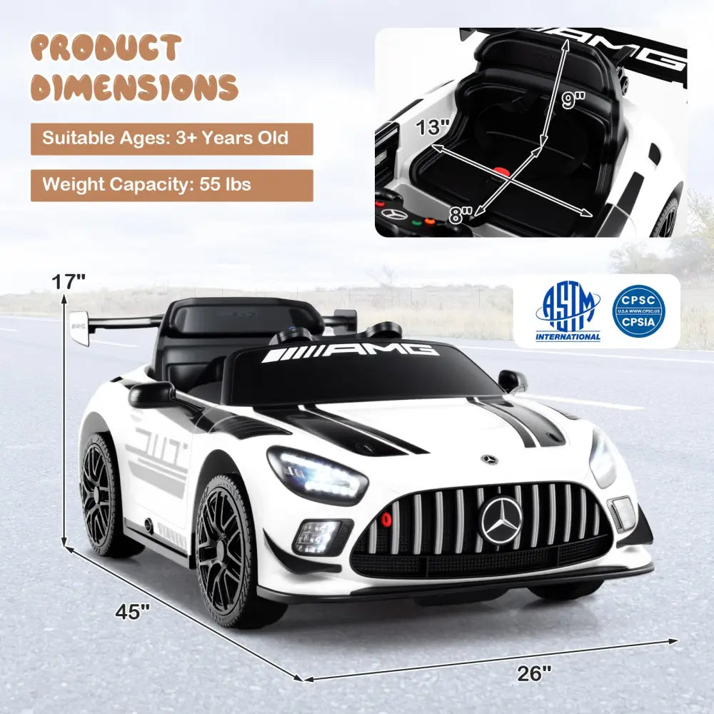 12V Kids Ride-On Car Mercedes-AMG GT3 Licensed with Adjustable Speed-White - White - Powered Ride On Toys