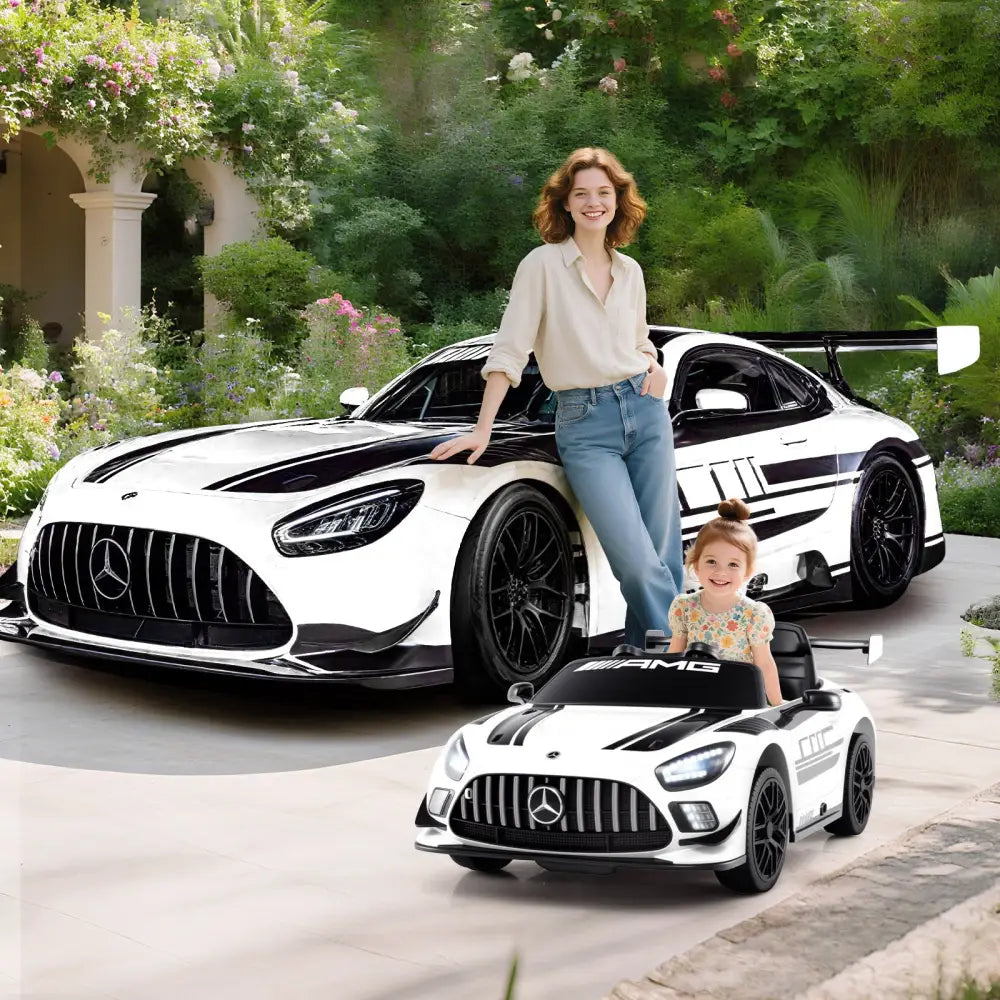 12V Kids Ride-On Car Mercedes-AMG GT3 Licensed with Adjustable Speed-White - White - Powered Ride On Toys