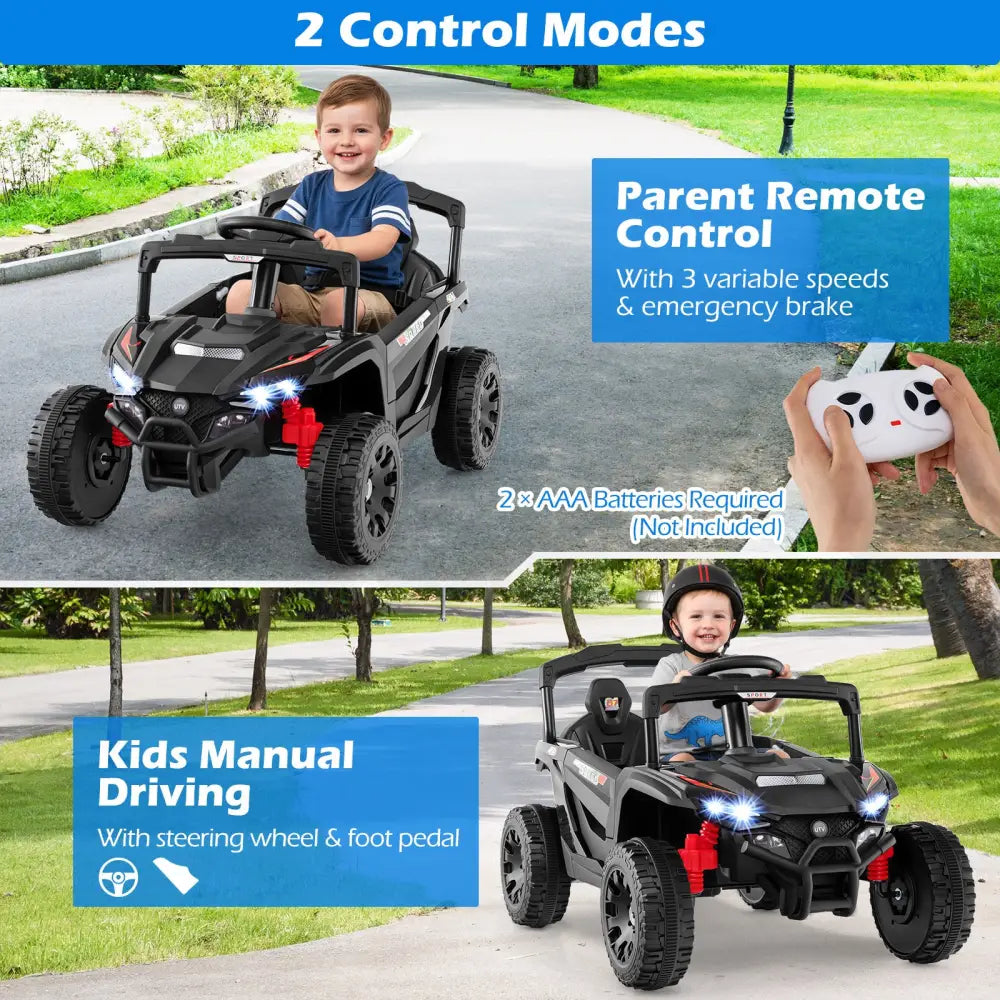 12V Kids Ride On Car UTV Electric Vehicle with LED Lights Music and Horn-Black - Black - Powered Ride On Toys