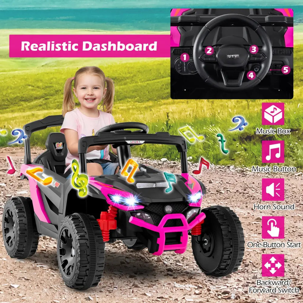 12V Kids Ride On Car UTV Electric Vehicle with LED Lights Music and Horn-Hot Pink - Hot Pink - Powered Ride On Toys