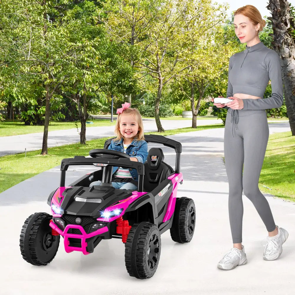 12V Kids Ride On Car UTV Electric Vehicle with LED Lights Music and Horn-Hot Pink - Hot Pink - Powered Ride On Toys