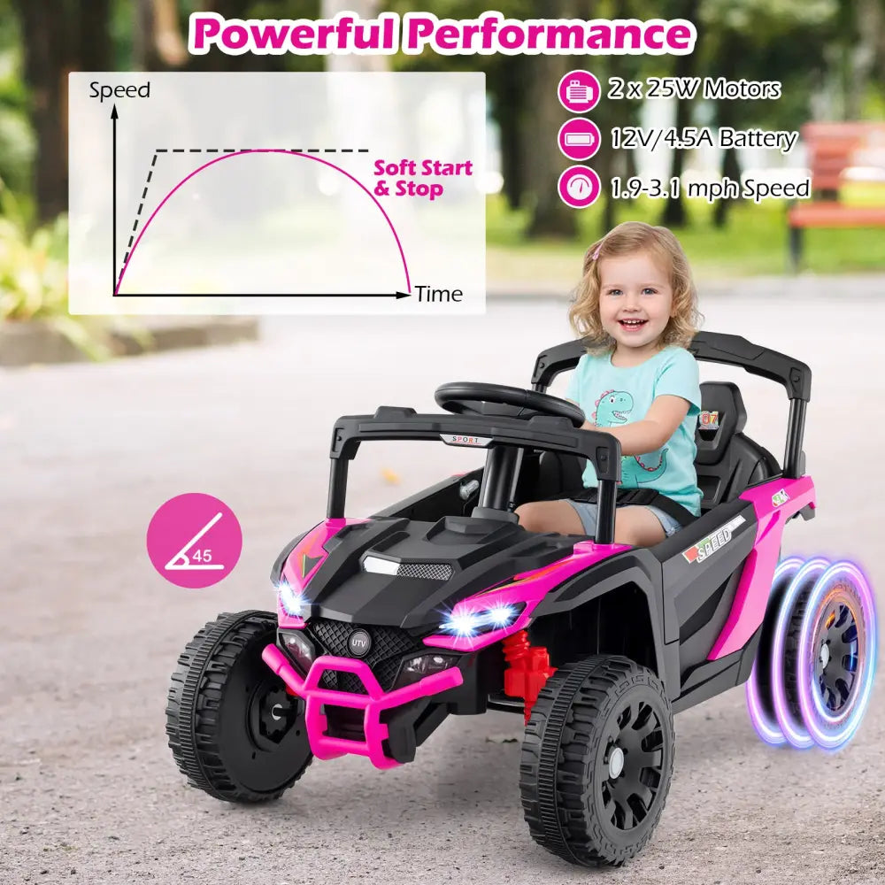 12V Kids Ride On Car UTV Electric Vehicle with LED Lights Music and Horn-Hot Pink - Hot Pink - Powered Ride On Toys