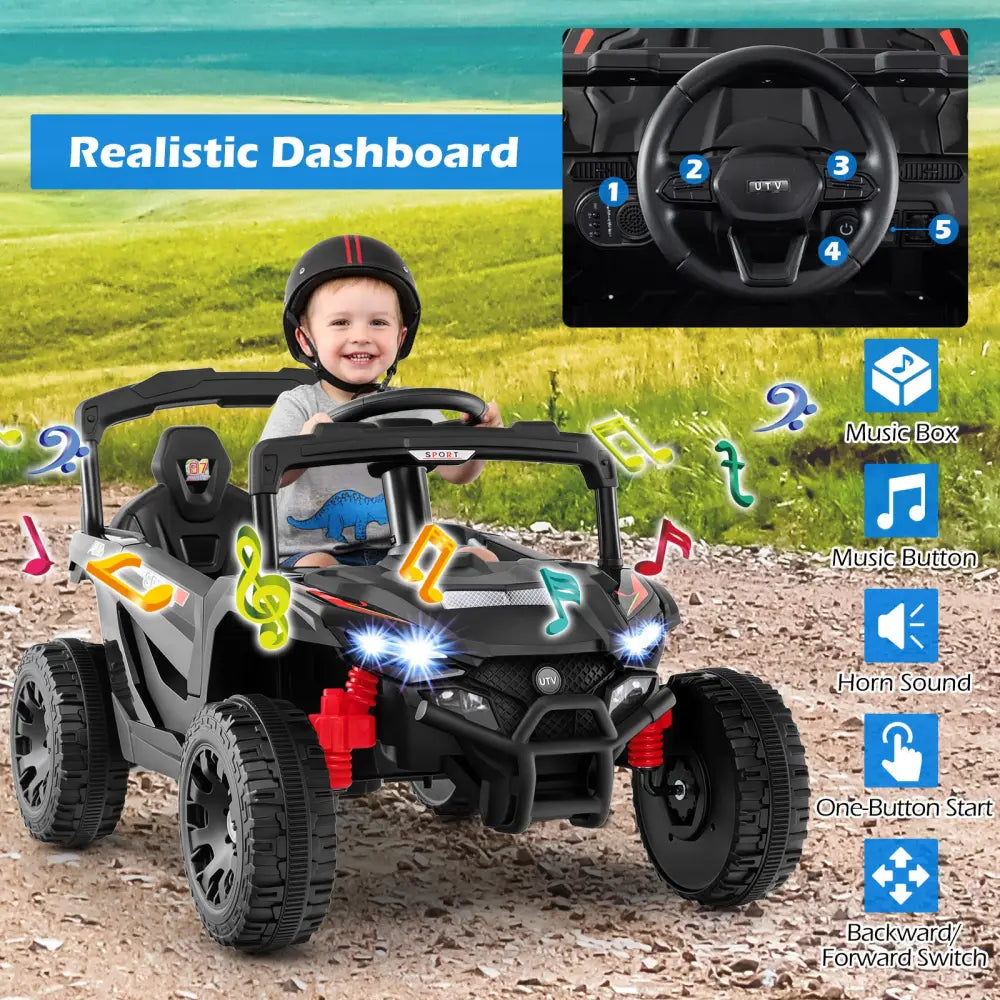 12V Kids Ride On Car UTV Electric Vehicle with LED Lights Music and Horn-Black - Black - Powered Ride On Toys