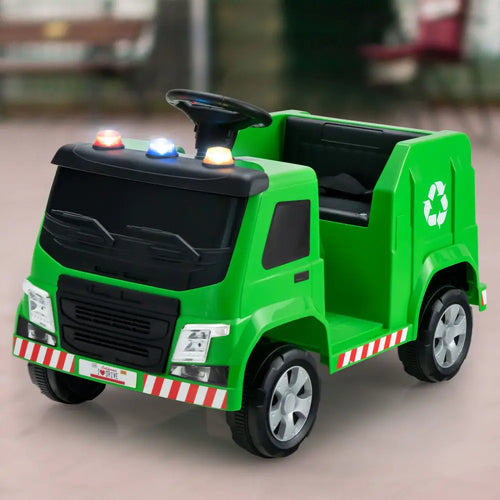 12V Kids Ride-on Garbage Truck with Warning Lights and 6 Recycling Accessories-Green - Green - Powered Ride On Toys