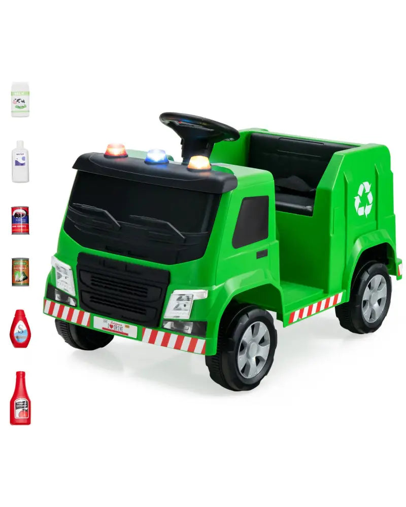 12V Kids Ride-on Garbage Truck with Warning Lights and 6 Recycling Accessories-Green - Green - Powered Ride On Toys
