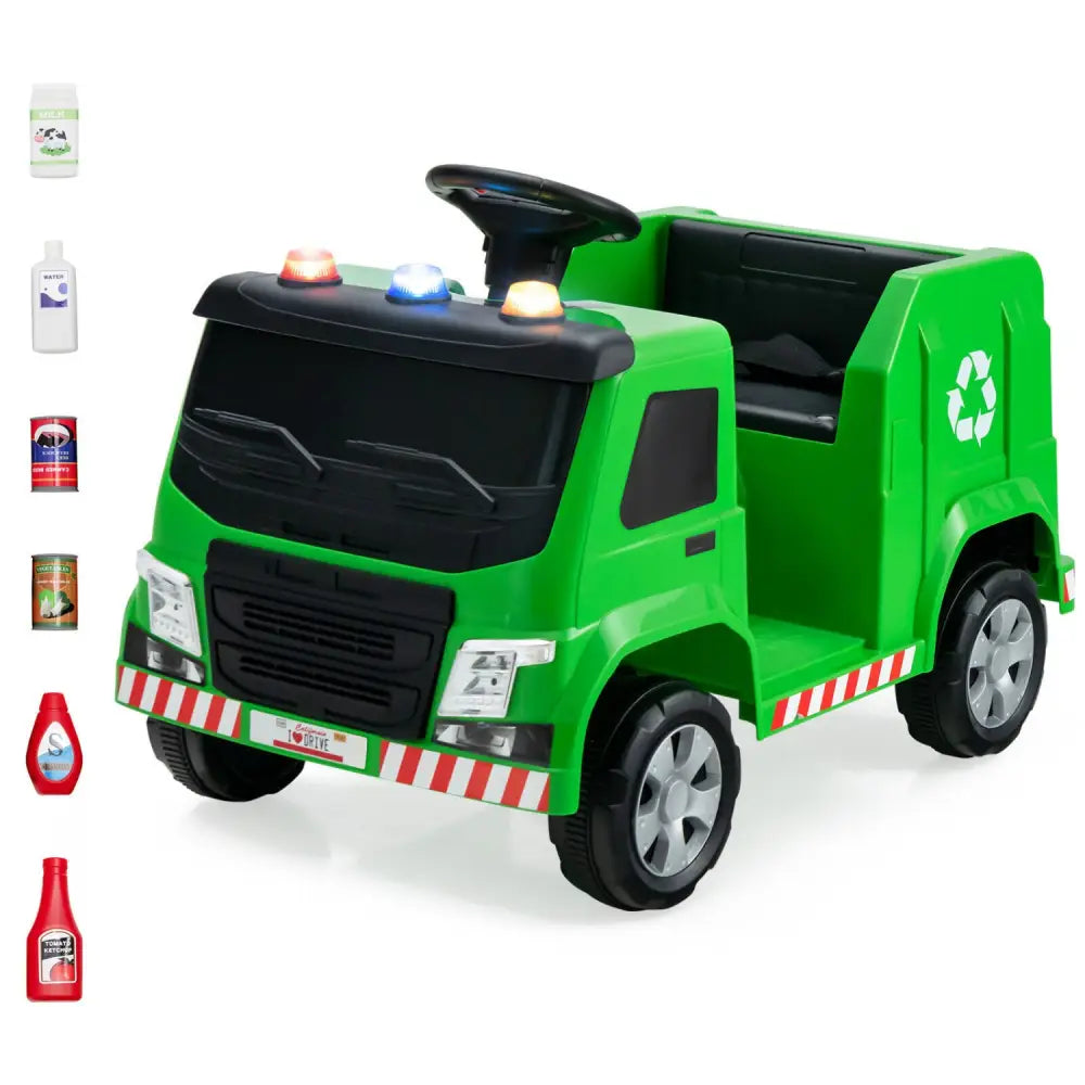 12V Kids Ride-on Garbage Truck with Warning Lights and 6 Recycling Accessories-Green - Green - Powered Ride On Toys