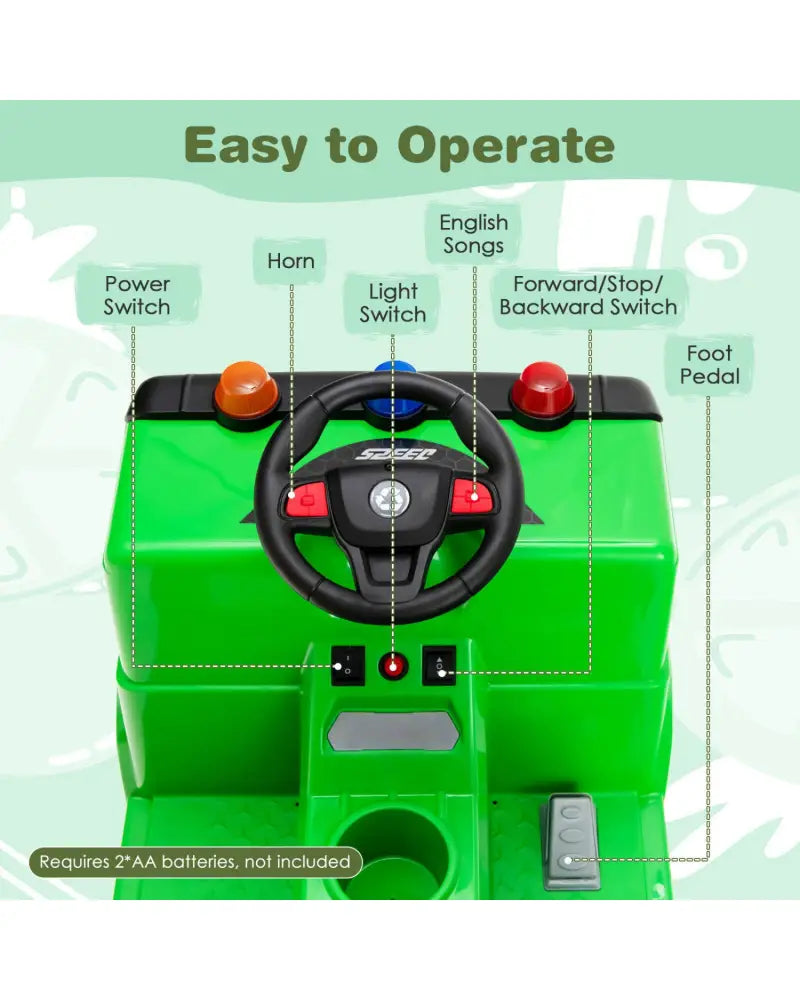12V Kids Ride-on Garbage Truck with Warning Lights and 6 Recycling Accessories-Green - Green - Powered Ride On Toys