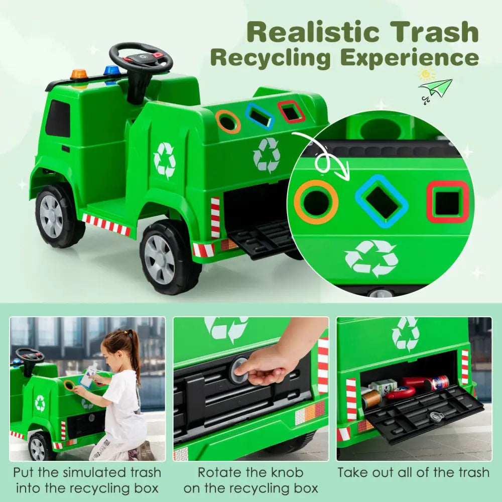 12V Kids Ride-on Garbage Truck with Warning Lights and 6 Recycling Accessories-Green - Green - Powered Ride On Toys