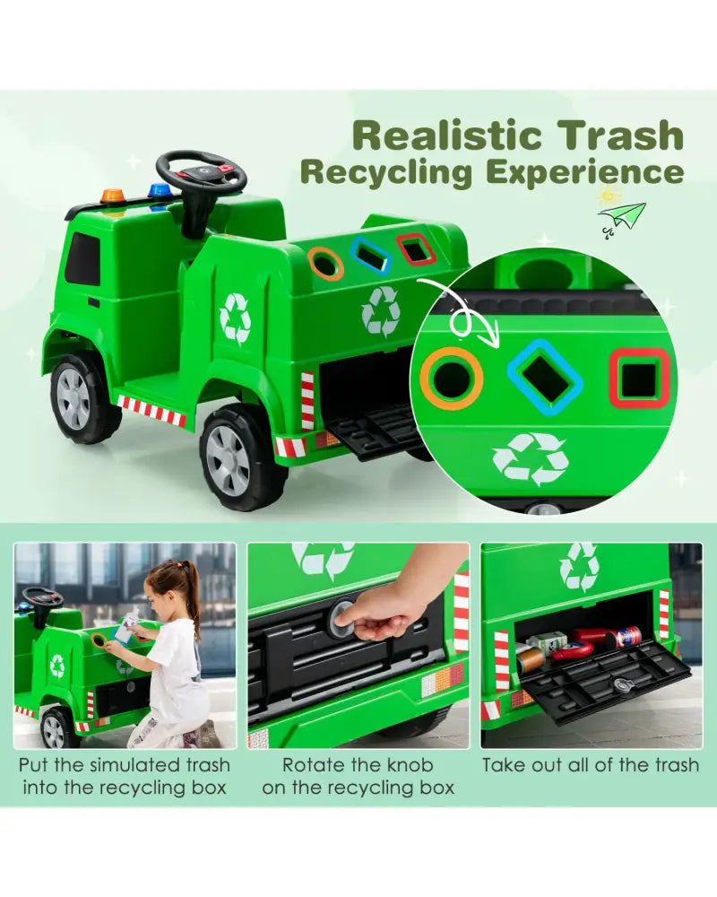 12V Kids Ride-on Garbage Truck with Warning Lights and 6 Recycling Accessories-Green - Green - Powered Ride On Toys