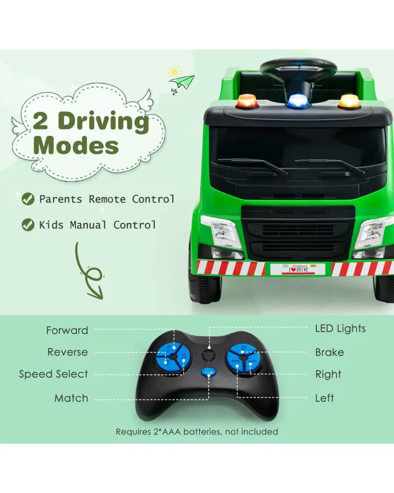12V Kids Ride-on Garbage Truck with Warning Lights and 6 Recycling Accessories-Green - Green - Powered Ride On Toys