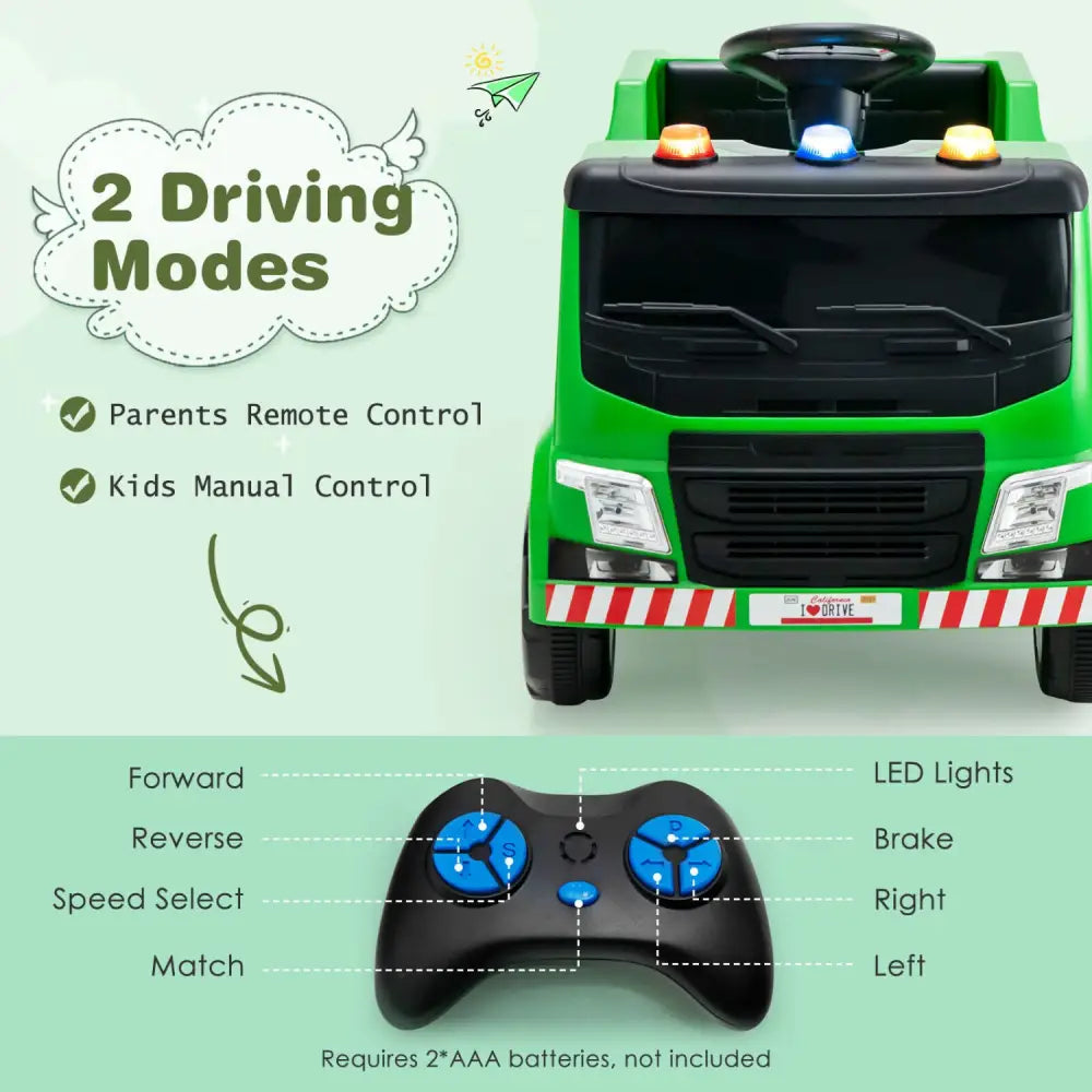 12V Kids Ride-on Garbage Truck with Warning Lights and 6 Recycling Accessories-Green - Green - Powered Ride On Toys