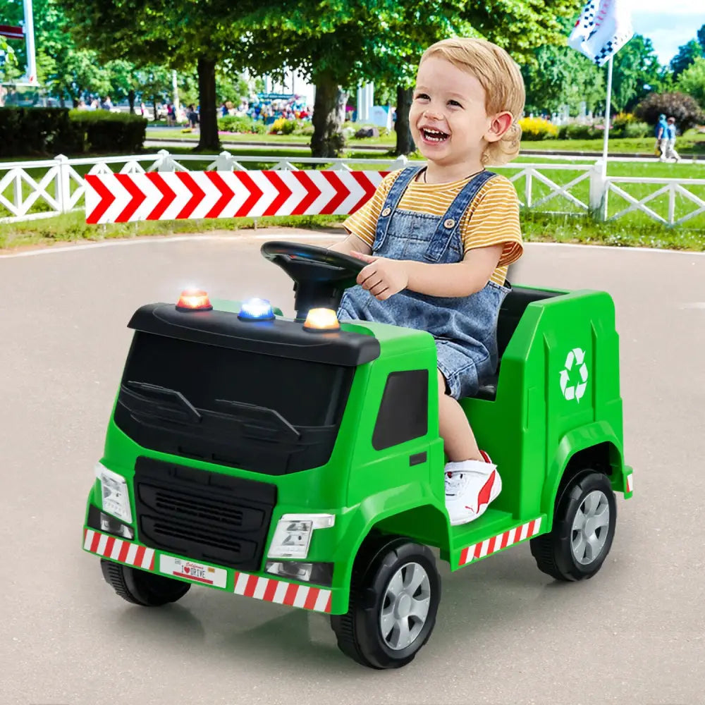 12V Kids Ride-on Garbage Truck with Warning Lights and 6 Recycling Accessories-Green - Green - Powered Ride On Toys