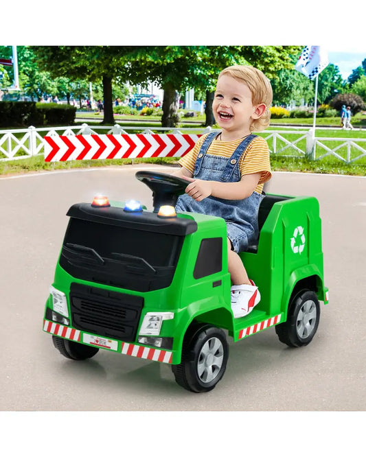 12V Kids Ride-on Garbage Truck with Warning Lights and 6 Recycling Accessories-Green - Green - Powered Ride On Toys