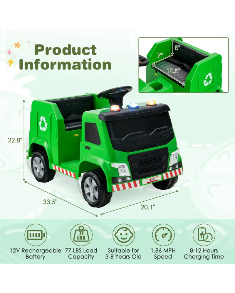 12V Kids Ride-on Garbage Truck with Warning Lights and 6 Recycling Accessories-Green - Green - Powered Ride On Toys