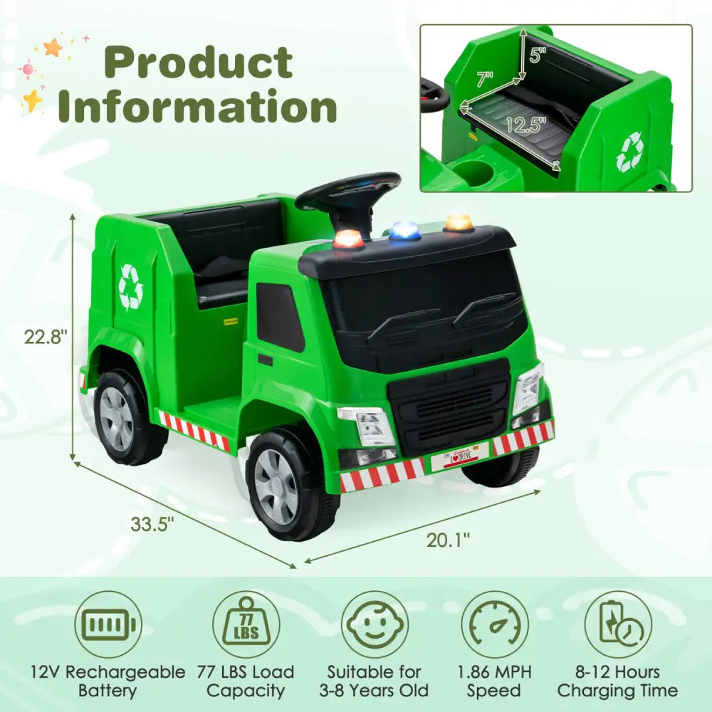 12V Kids Ride-on Garbage Truck with Warning Lights and 6 Recycling Accessories-Green - Green - Powered Ride On Toys