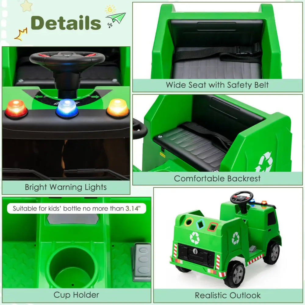 12V Kids Ride-on Garbage Truck with Warning Lights and 6 Recycling Accessories-Green - Green - Powered Ride On Toys