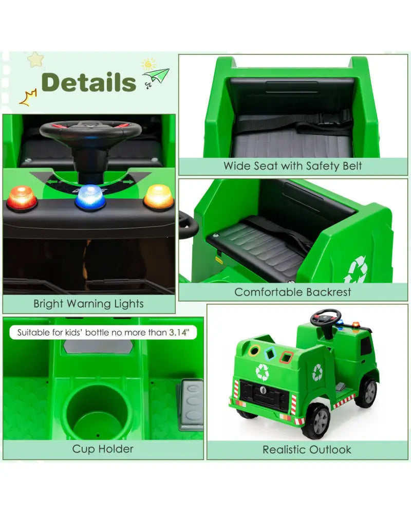 12V Kids Ride-on Garbage Truck with Warning Lights and 6 Recycling Accessories-Green - Green - Powered Ride On Toys