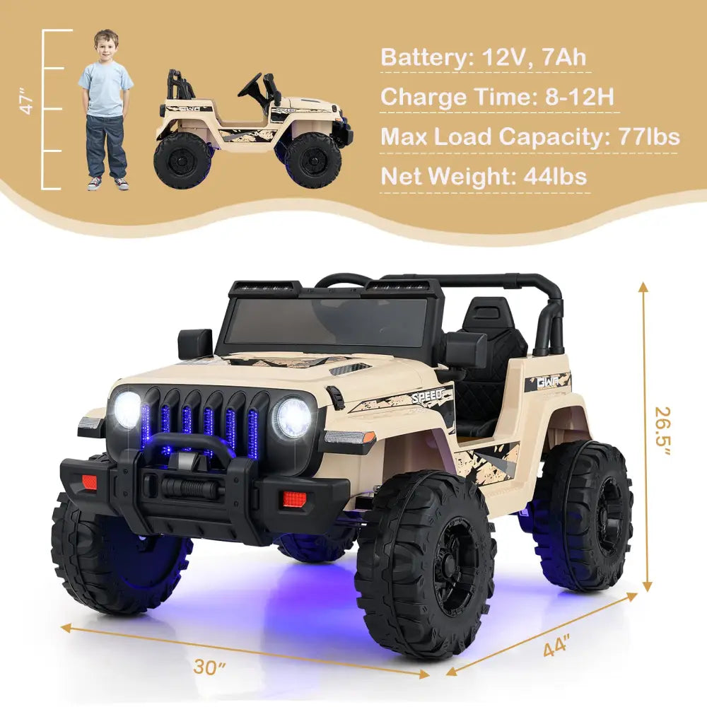 12V Kids Ride-on Jeep Car with 2.4 G Remote Control-Khaki - Khaki - Powered Ride On Toys