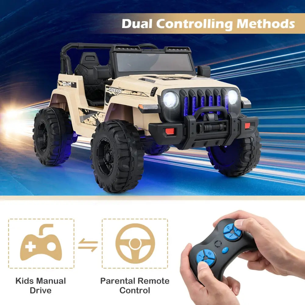 12V Kids Ride-on Jeep Car with 2.4 G Remote Control-Khaki - Khaki - Powered Ride On Toys