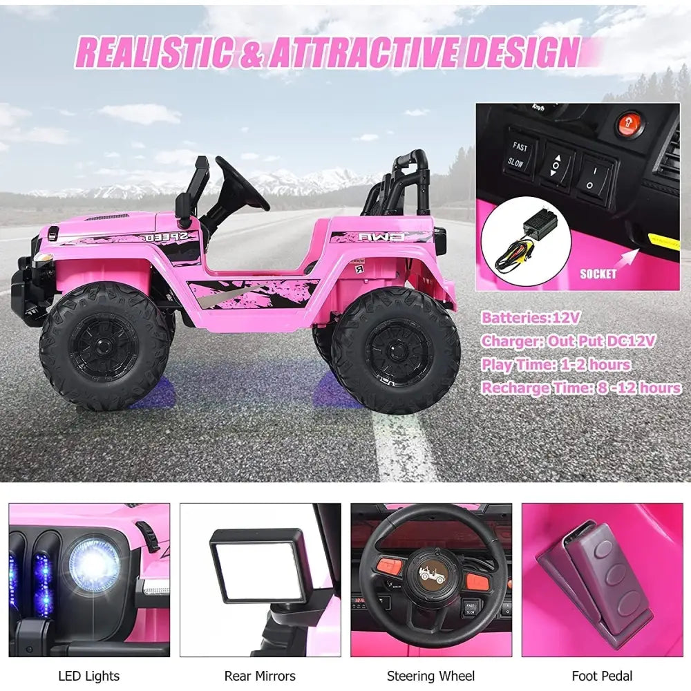 12V Kids Ride - on Jeep Car with 2.4 G Remote Control - Pink - Oasis Home Essentials