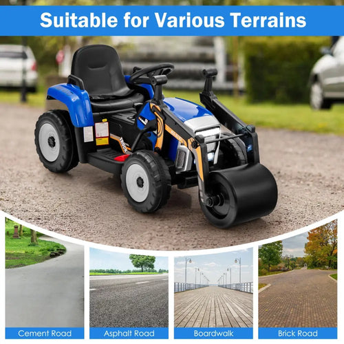 12V Kids Ride on Road Roller with 2.4G Remote Control-Blue - Blue - Powered Ride On Toys
