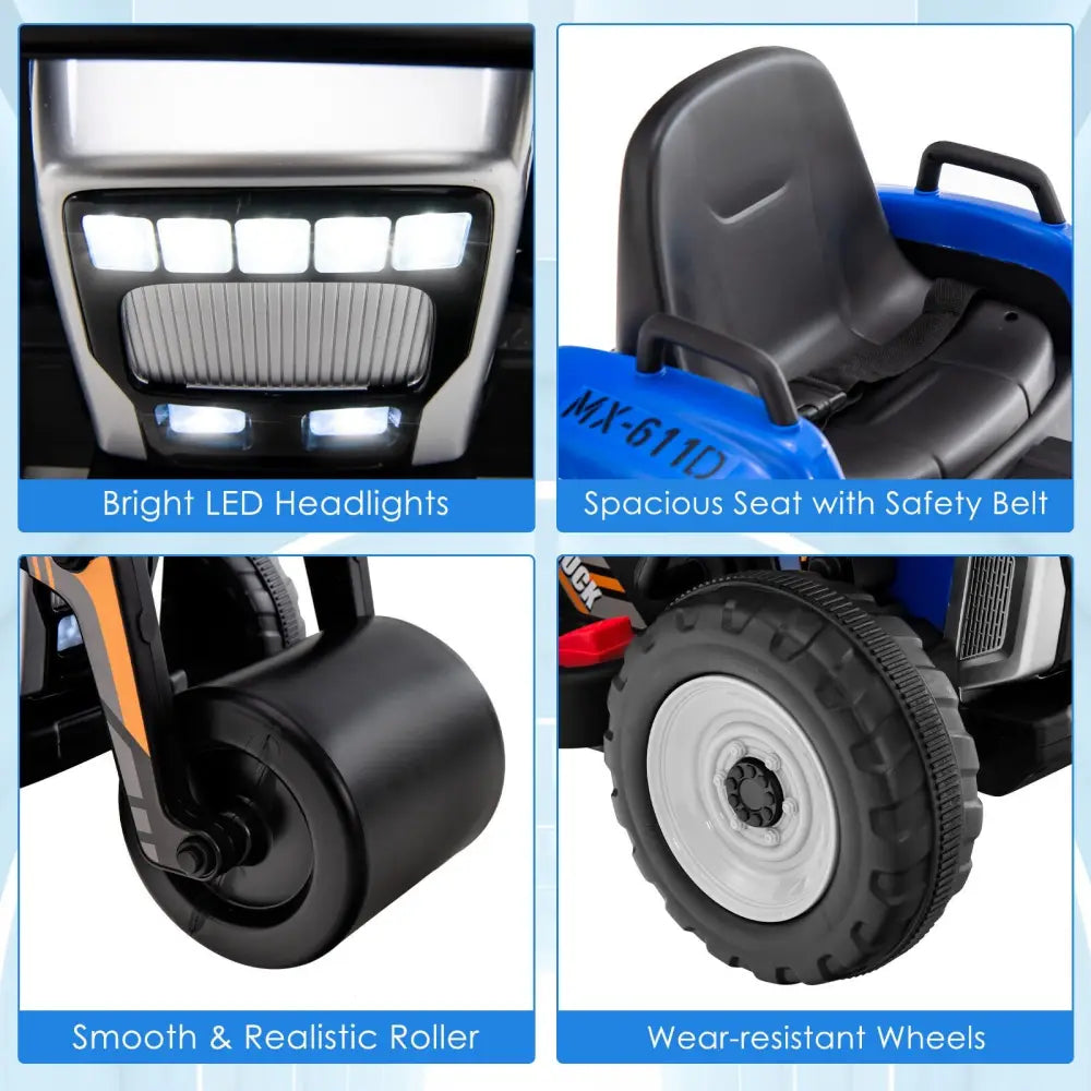 12V Kids Ride on Road Roller with 2.4G Remote Control-Blue - Blue - Powered Ride On Toys