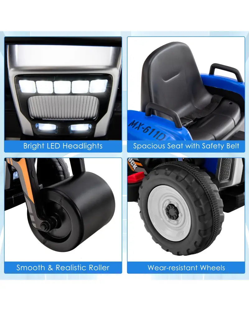 12V Kids Ride on Road Roller with 2.4G Remote Control-Blue - Blue - Powered Ride On Toys