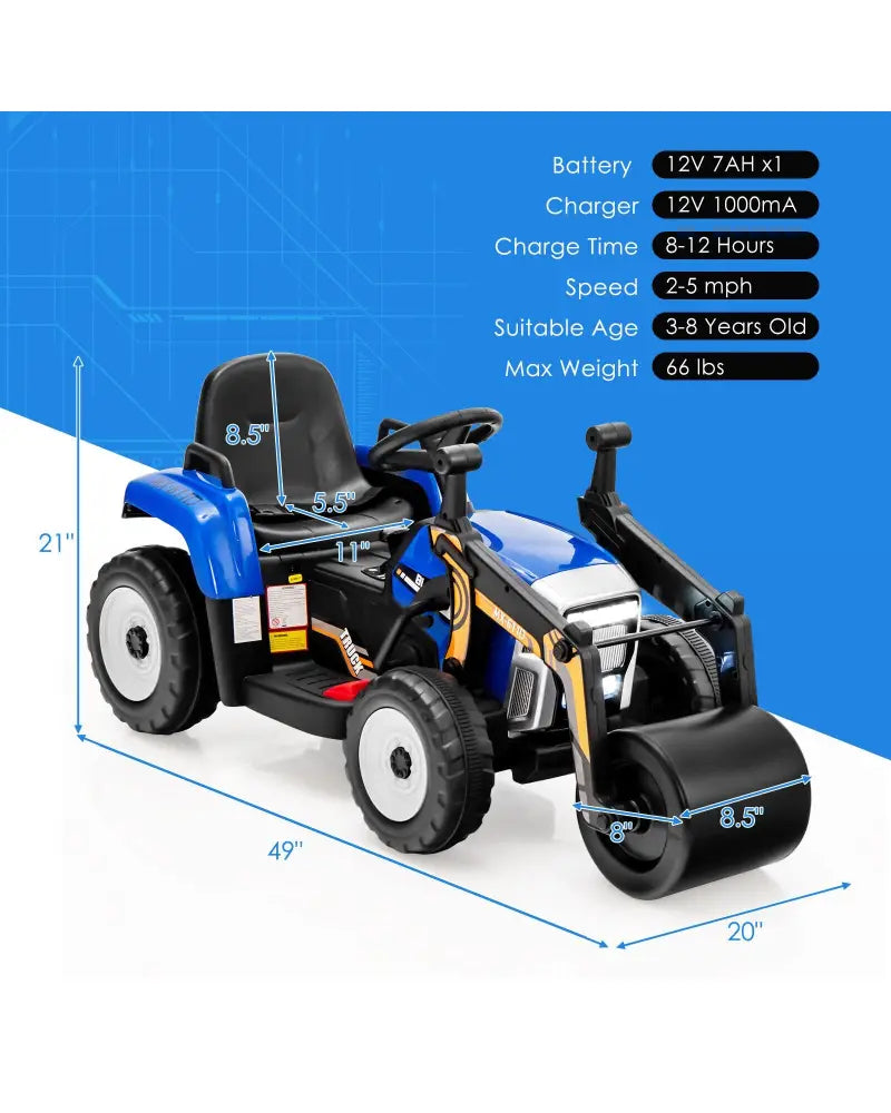 12V Kids Ride on Road Roller with 2.4G Remote Control-Blue - Blue - Powered Ride On Toys
